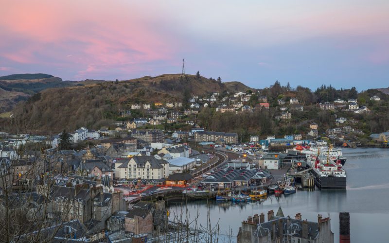 Oban Harbour and Pulpit Hill seen from McCaigs Tower at dawn