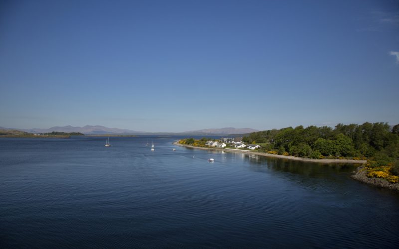 The view west from the Connel Bridge as Loch Etive enters the Firth of Lorne, Argyll.