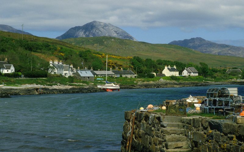 LOOKING ACROSS FROM THE PIER TO THE SMALL PORT OF CRAIGHOUSE ON THE EAST COAST OF JURA AT THE SOUTHERLY END OF THE ISLAND, INNER HEBRIDES